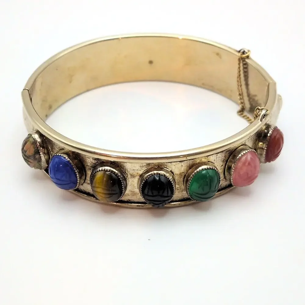 Vintage Gemstone Scarab Hinge Bangle Bracelet Gold Tone With Safety Chain